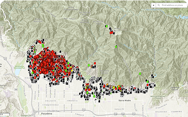 Geographic map of the area near Pasadena and the San Gabriel Mountains, showing a massive cluster of red and black markers covering the urban area and foothills.