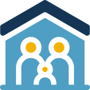 Icon showing a family of three stylized figures (two adults with yellow heads, one child) inside a light blue house with a dark blue roof.