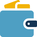 Icon of a light blue wallet with a dark blue snap closure, showing yellow bills or cards sticking out of the top.