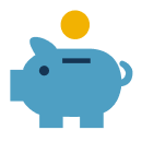 Icon of a blue piggy bank with a coin slot, and a yellow coin dropping into it.