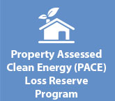 Icon showing a white house with a chimney, from which two small white leaves are emerging, above the text "Property Assessed Clean Energy (PACE) Loss Reserve Program".